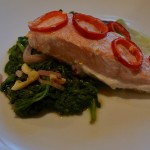 coconut-lime salmon fillet with mustard spinach