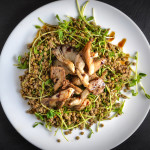 lentils with fried mushrooms and pea shoots