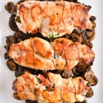 prosciutto, goat cheese, and basil stuffed chicken with mushrooms