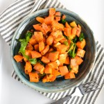 warm brown butter sweet potato, pancetta, and arugula salad