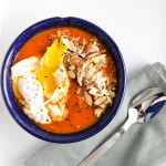 tomato soup with poached egg and almonds