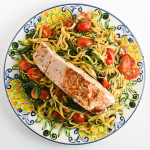 Salmon Over Linguine with Agretti